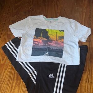 Adidas White Tee with Graphic and Black striped track  Pants